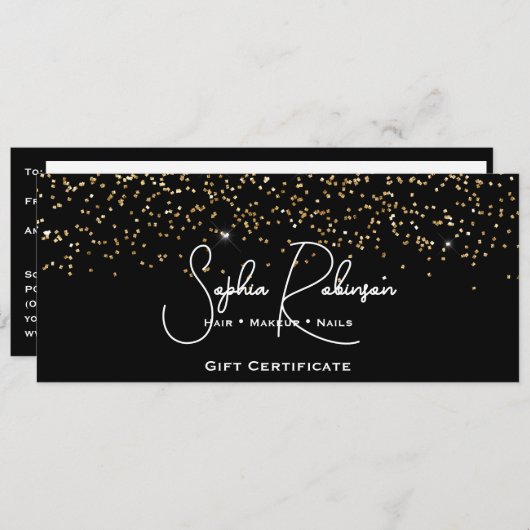 Black & Faux Gold Glitter Gift Certificate Card 招待状 (正面/裏面)