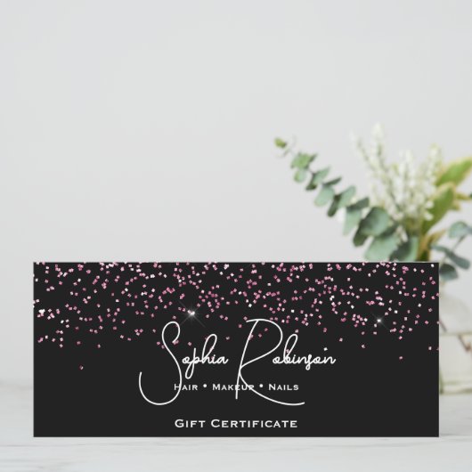 Black & Faux Pink Glitter Gift Certificate Card 招待状 (スタンド正面)