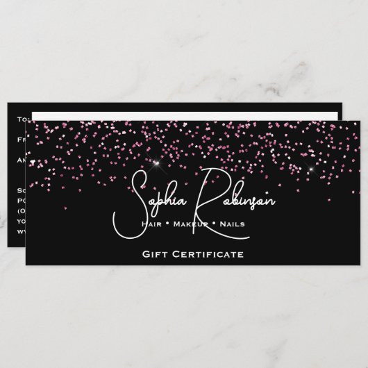 Black & Faux Pink Glitter Gift Certificate Card 招待状 (正面/裏面)