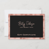 Black & Faux Rose Gold Foil Gift Certificate Card 招待状 (正面)