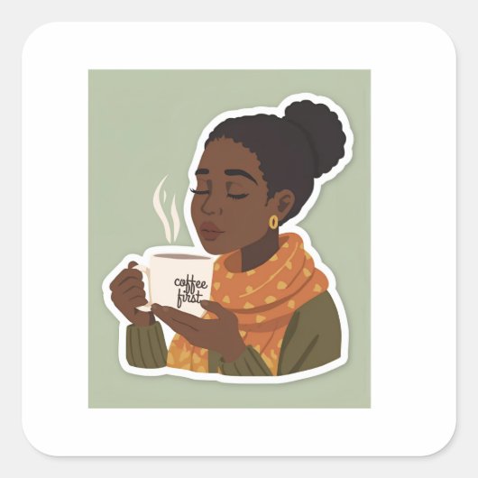 Black Female drinking coffee sticker スクエアシール (正面)