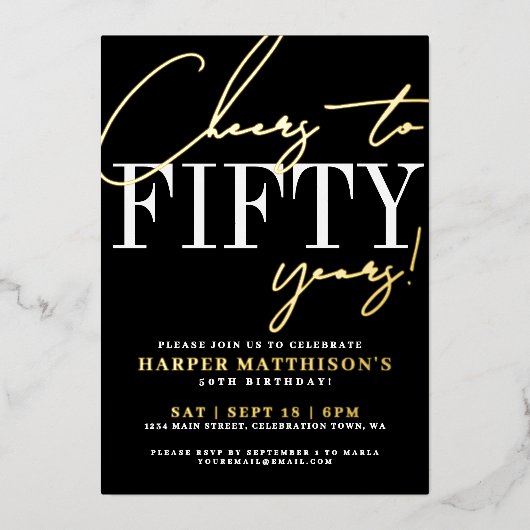 Black Fifty 50th Birthday Gold 箔招待状 (正面)