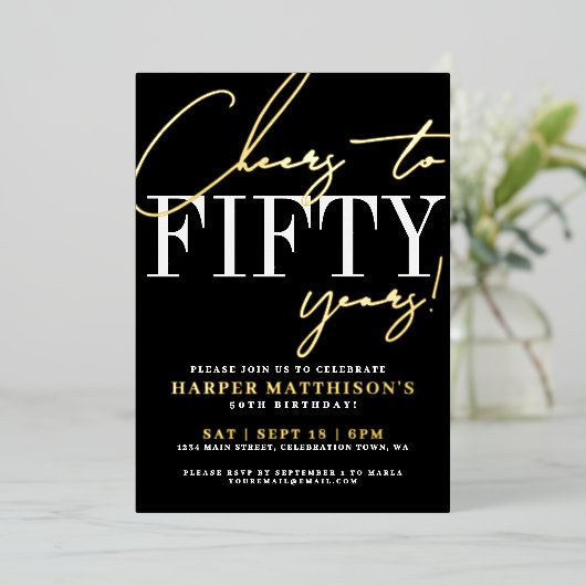 Black Fifty 50th Birthday Gold 箔招待状 (立ち正面)