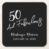 Black Fifty and Fabulous Script Birthday Party スクエアペーパーコースター (正面)