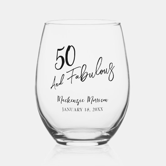 Black Fifty and Fabulous Script Birthday Party ステムなしワイングラス (正面)