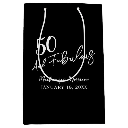 Black Fifty and Fabulous Script Birthday Party ミディアムペーパーバッグ (正面)