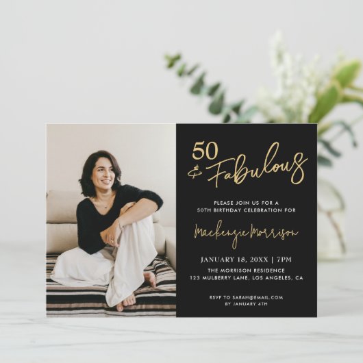 Black Fifty and Fabulous Script Birthday Party 招待状 (スタンド正面)