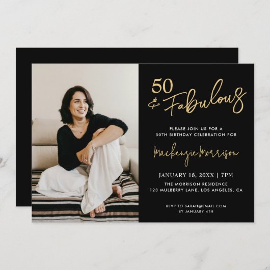 Black Fifty and Fabulous Script Birthday Party 招待状 (正面/裏面)