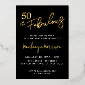 Black Fifty and Fabulous Script Birthday Party 箔招待状 (正面)