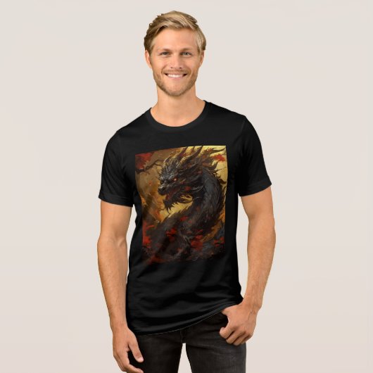 Black Flame Dragon in Autumn Forest トライブレンドＴシャツ (正面全面)
