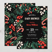 Black floral christmas baby shower 招待状 (正面/裏面)