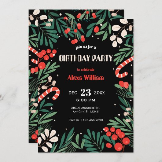 Black floral christmas birthday 招待状 (正面/裏面)