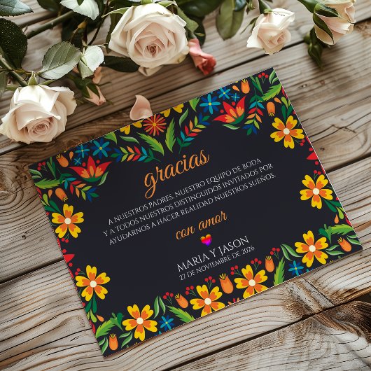 Black Floral Colorful Botanical Spanish Wedding サンキューカード