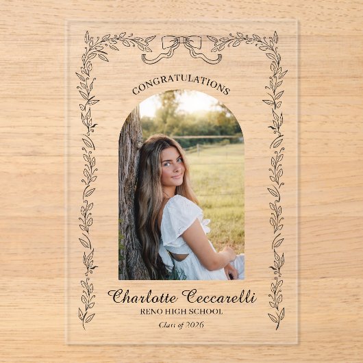 Black Floral Elegant Frame Photo Graduation  アクリル招待状 (正面)