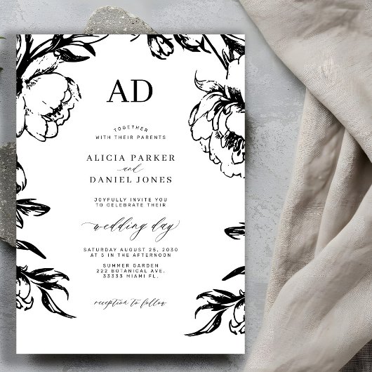 Black floral elegant wedding 招待状