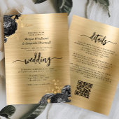 Black Floral Gold Brushed Metal QR Code Wedding 招待状