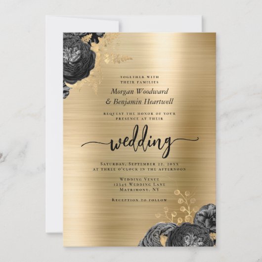 Black Floral Gold Brushed Metal QR Code Wedding 招待状 (正面)