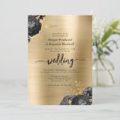 Black Floral Gold Brushed Metal QR Code Wedding 招待状 (スタンド正面)