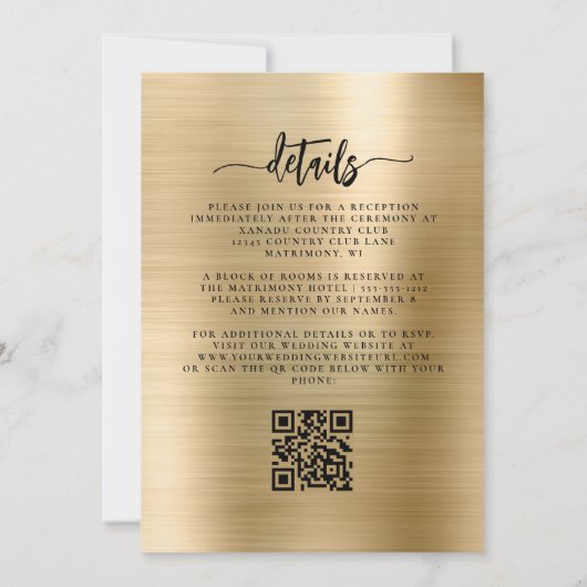 Black Floral Gold Brushed Metal QR Code Wedding 招待状 (裏面)
