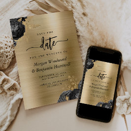 Black Floral Gold Glam Wedding Save the Date 招待状