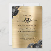 Black Floral Gold Glam Wedding Save the Date 招待状 (正面)