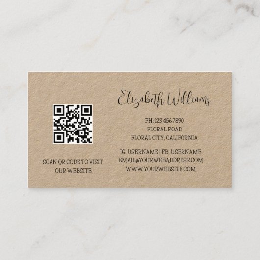 Black Floral Line Art Botanical QR-Code 名刺 (裏面)