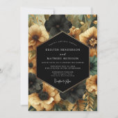 Black Floral Opulent Wedding 招待状 (正面)