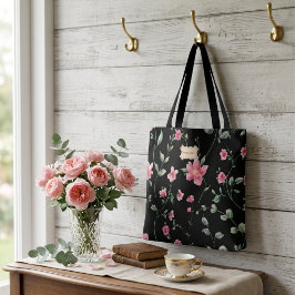 Black Floral pink Flowers pattern Trendy Classic トートバッグ