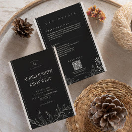 Black Floral Rustic Elegant Details QR Wedding  招待状