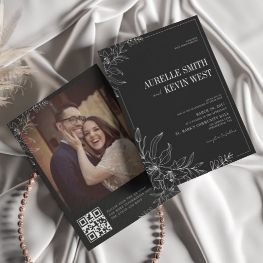 Black Floral Rustic Elegant Photo Back QR Wedding 招待状