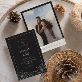 Black Floral Rustic Monogram Photo QR Wedding  招待状