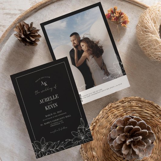 Black Floral Rustic Monogram Photo QR Wedding  招待状