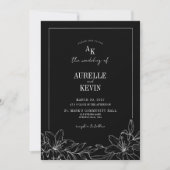Black Floral Rustic Monogram Photo QR Wedding  招待状 (正面)
