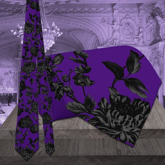 Black Floral Vine Wedding Gothic Purple ネクタイ