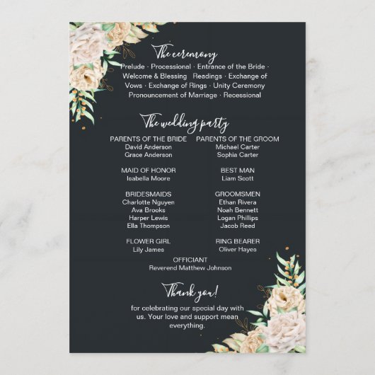 Black Floral Wedding Program & Timeline Card プログラム (裏面)