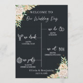 Black Floral Wedding Program & Timeline Card プログラム (正面)
