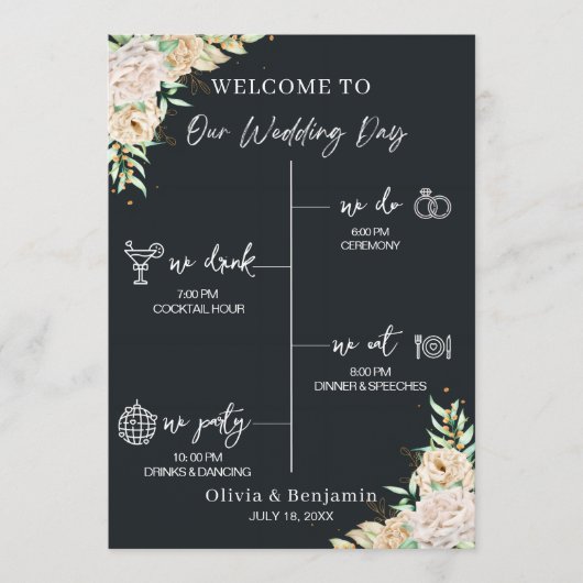 Black Floral Wedding Program & Timeline Card プログラム (正面)