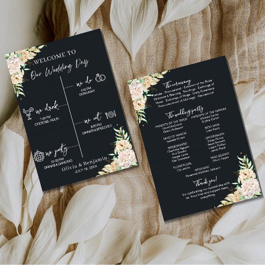 Black Floral Wedding Program & Timeline Card プログラム