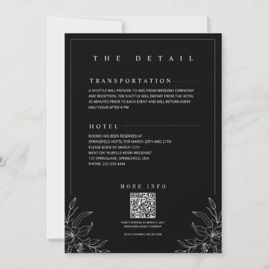 Black Flower Rustic Elegant Monogram QR Wedding  招待状 (裏面)
