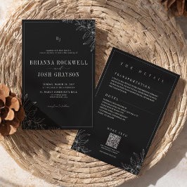 Black Flower Rustic Elegant Monogram QR Wedding  招待状