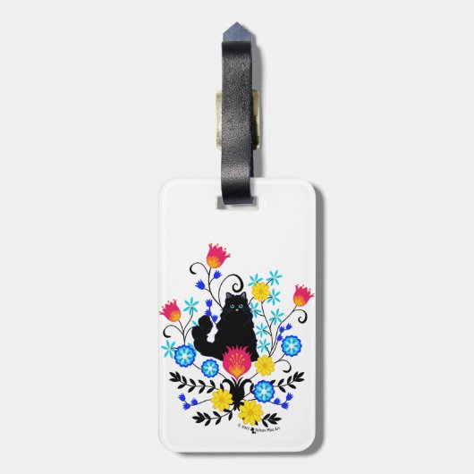 Black Fluffy Cat with Flowers ラゲッジタグ (裏面縦)