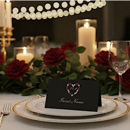 Black folded place card - floral heart Guest name プレイスカード