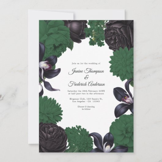 Black & Forest Green Photo/QR Code Floral Wedding 招待状 (正面)