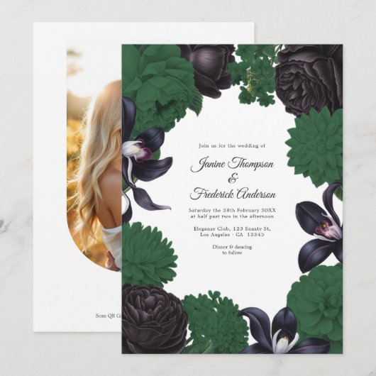 Black & Forest Green Photo/QR Code Floral Wedding 招待状 (正面/裏面)