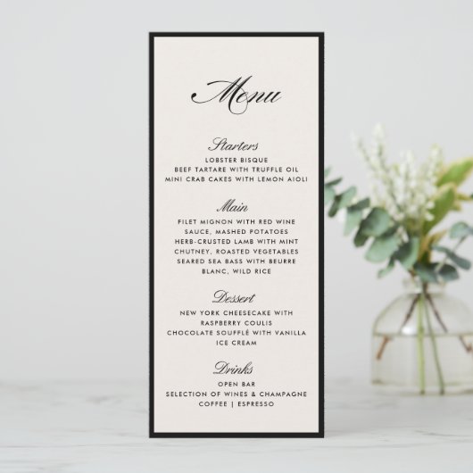 Black Frame Modern Ivory Wedding Menu card 招待状 (スタンド正面)