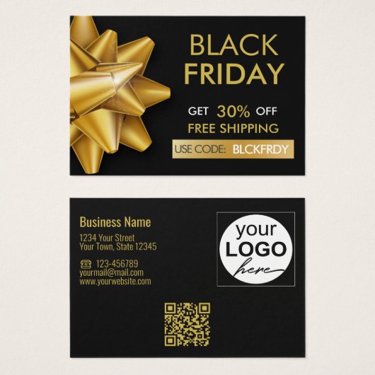 Black Friday Sale Gold Bow QR Code Discount Card (正面&裏面)