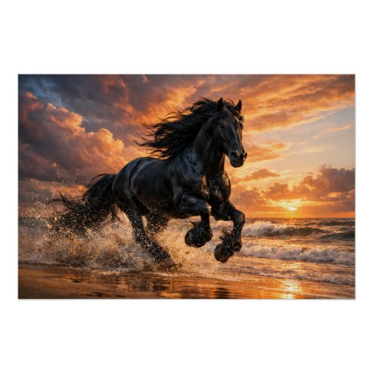 Black Friesian Horse at Sunset, Powerful Beach Run ポスター (正面)