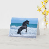 Black Friesian Stallion Rearing In the Sea カード (黄色い花)