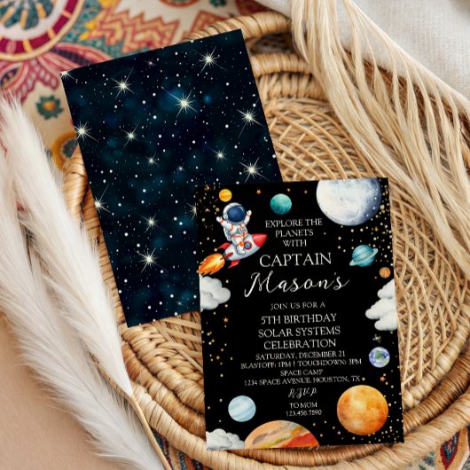 Black Galaxy Captain Rocket Adventure Kids Bday 招待状