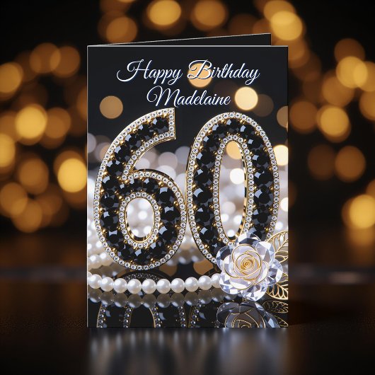 Black Gems White Rose and Pearls 60th Birthday カード
